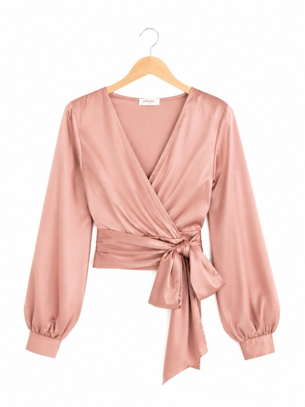 Renee C Blush Satin Wrap Blouse XL Surplice V-Neck Tie Waist Long Sleeve USA